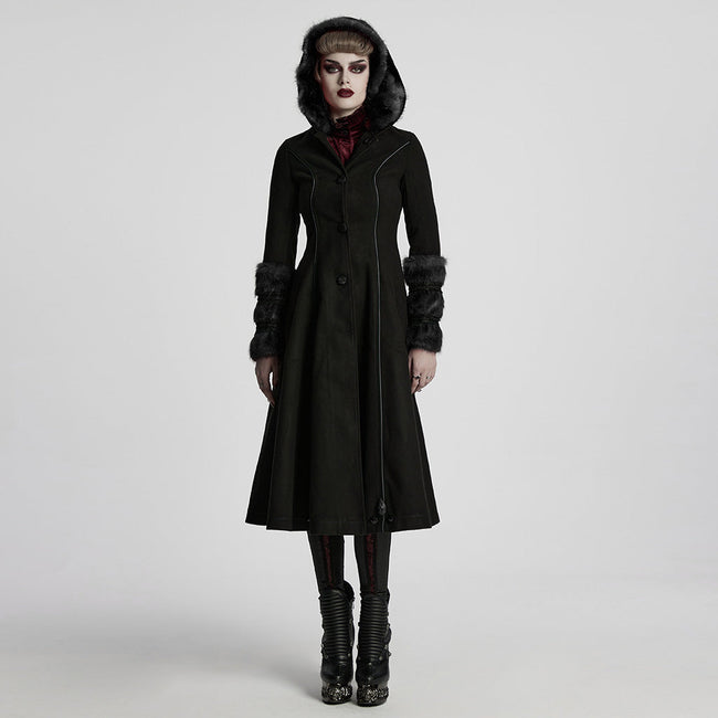 Winter Woolen Long Black Gothic Coat For Women Two Wear Imitation Fur Coat