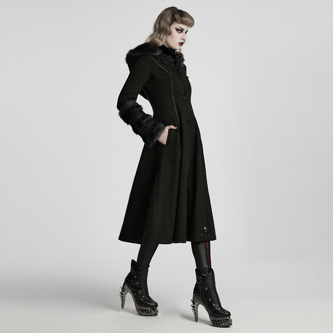 Winter Woolen Long Black Gothic Coat For Women Two Wear Imitation Fur Coat