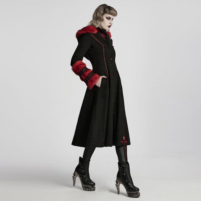 Winter Woolen Long Black Gothic Coat For Women Two Wear Imitation Fur Coat
