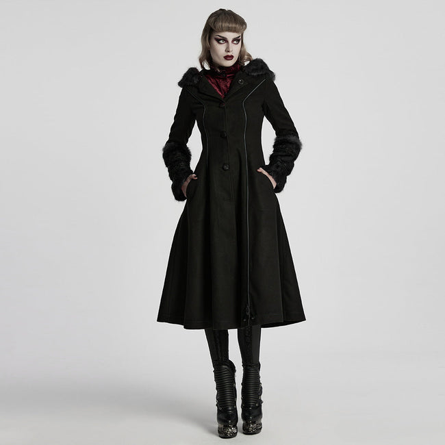Winter Woolen Long Black Gothic Coat For Women Two Wear Imitation Fur Coat