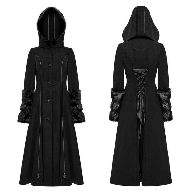 Winter Woolen Long Black Gothic Coat For Women Two Wear Imitation Fur Coat