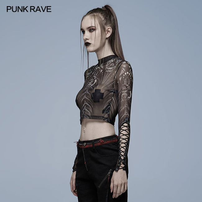 Gothic skeleton print mesh T-shirt