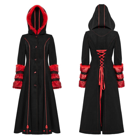 Winter Woolen Long Black Gothic Coat For Women Two Wear Imitation Fur Coat