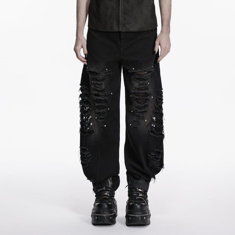 Punk tattered denim pants