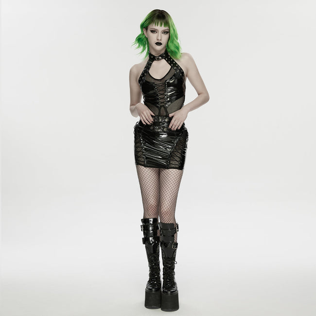 Punk patent leather military skirt