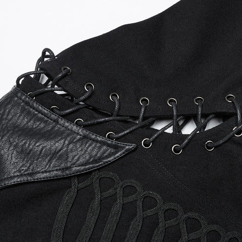Black Rugged Denim Punk Jacket For Men With Removable Sleeves