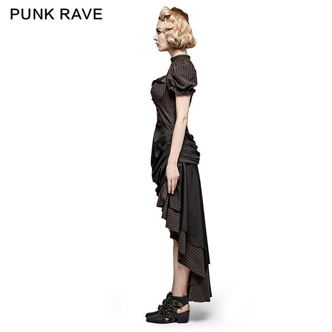 Steampunk British Style Coffee Puff Sleeve High Low Punk Dress