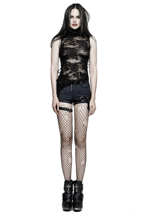 High Collar Torn Flower Decadent Sleeveless Gothic T-shirts