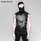 Black Rivets Puff Printing Knitted Collar Men Sleeveless Punk Vest