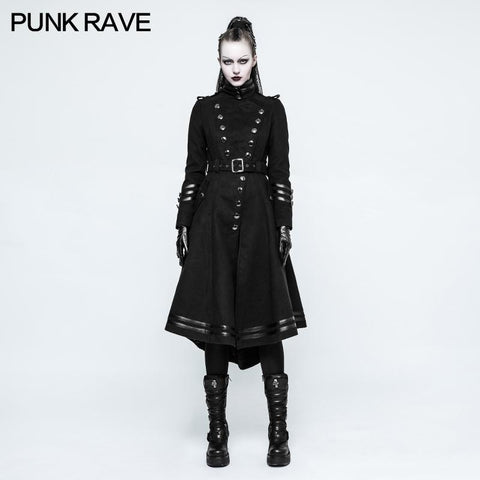 Asymmetry Worsted Long Punk Coat Women Black Military Uniform