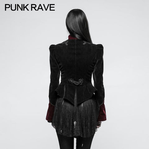 Women Scissor-tail Velvet Short Gothic Jackets With Black-red Rose Lace