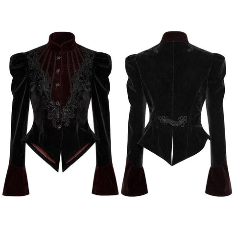 Women Scissor-tail Velvet Short Gothic Jackets With Black-red Rose Lace