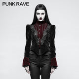 Women Scissor-tail Velvet Short Gothic Jackets With Black-red Rose Lace