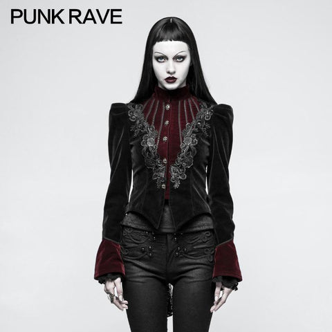 Women Scissor-tail Velvet Short Gothic Jackets With Black-red Rose Lace