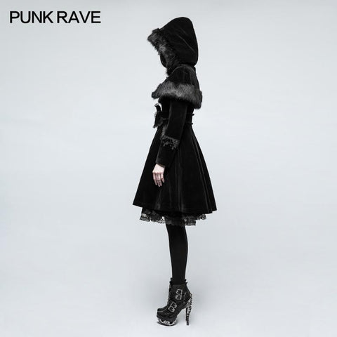 Sweet Lolita Style Velvet Hooded Gothic Coat With Tiered Lace