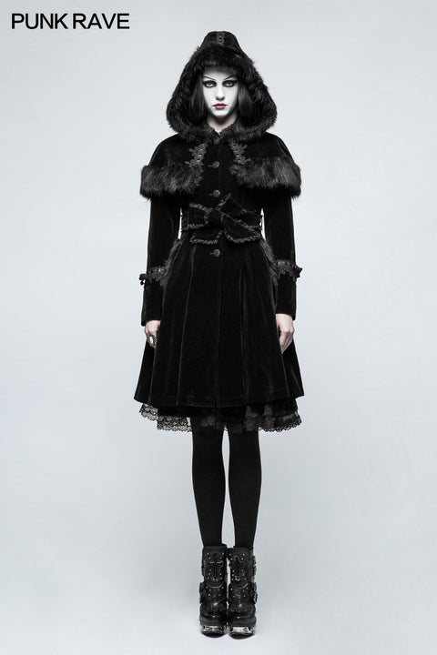 Sweet Lolita Style Velvet Hooded Gothic Coat With Tiered Lace