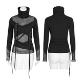 Skinny Sexy Black Mesh Punk T-shirts Tailor Network Mutil Split Design