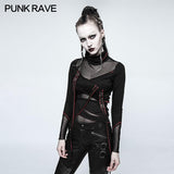 Skinny Sexy Black Mesh Punk T-shirts Tailor Network Mutil Split Design
