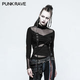Skinny Sexy Black Mesh Punk T-shirts Tailor Network Mutil Split Design