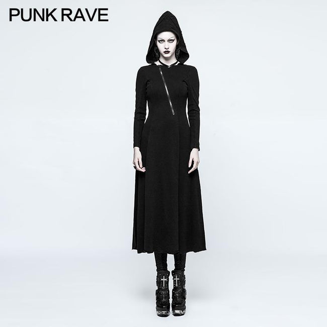 Slim Sexy Black Knitted Hooded Gothic Dresses With Hollow-out Back