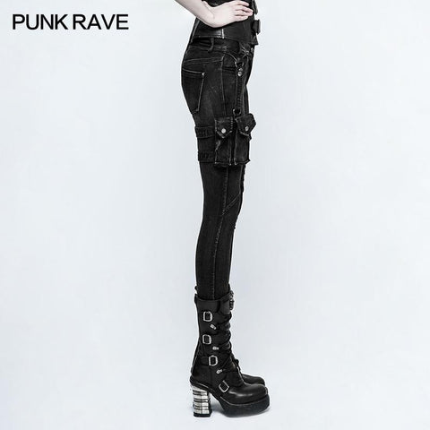 Eyelets Skinny Elastic Punk Jeans With 3d Pocket