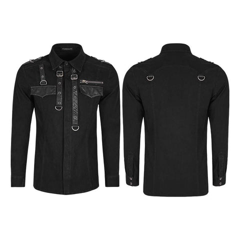 Handsome Wool Long Sleeve Punk Shirts With Personality Leather Loop