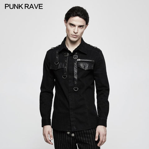 Handsome Wool Long Sleeve Punk Shirts With Personality Leather Loop