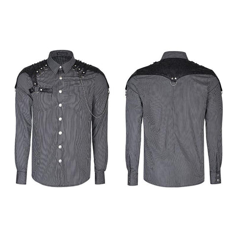 Handsome Striped Punk Shirt With Free Hanging Metal Chain