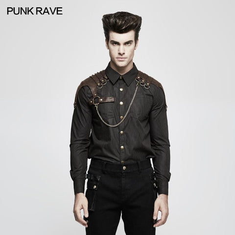 Handsome Striped Punk Shirt With Free Hanging Metal Chain