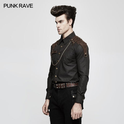 Handsome Striped Punk Shirt With Free Hanging Metal Chain