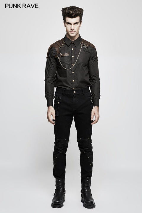 Handsome Striped Punk Shirt With Free Hanging Metal Chain