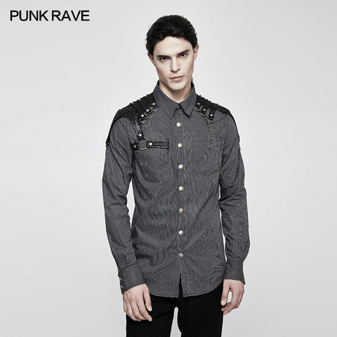 Handsome Striped Punk Shirt With Free Hanging Metal Chain