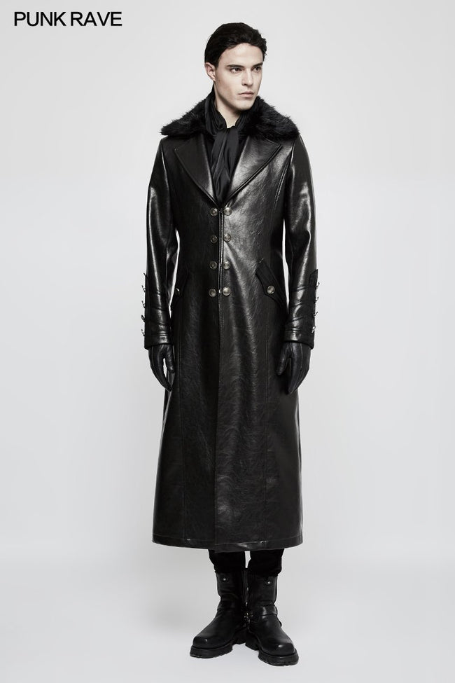 Military Uniform Long Leather Punk Coat With Warm Collar