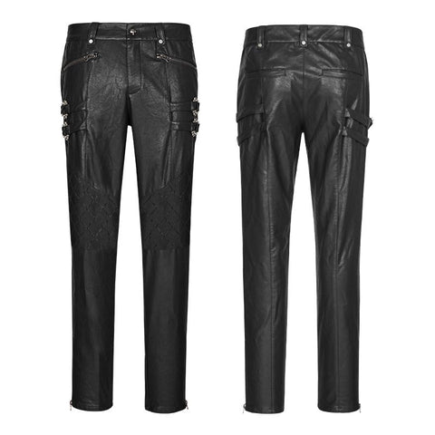 Elastic Mesh Spliced Leather Punk Pants For Men