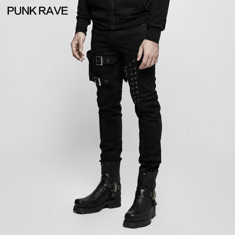 Men Elastic Denim Punk Pants With Detachable Pocket