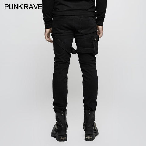 Men Elastic Denim Punk Pants With Detachable Pocket