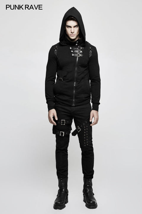 Men Elastic Denim Punk Pants With Detachable Pocket