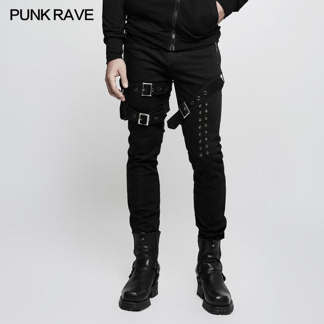 Men Elastic Denim Punk Pants With Detachable Pocket