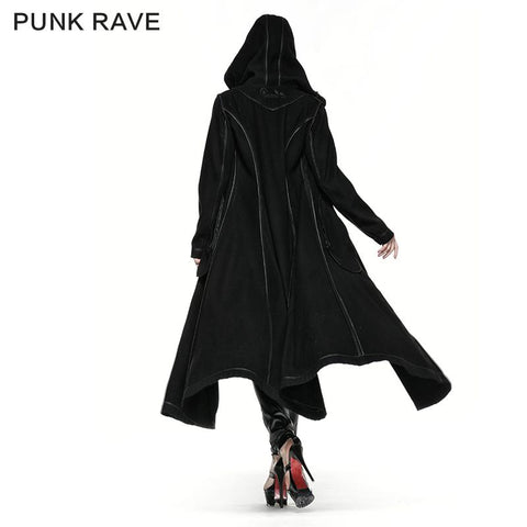 Winter Woolen Long Black Gothic Coat For Women Two Wear Imitation Fur Coat