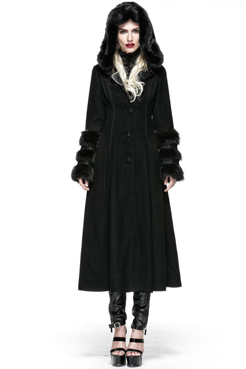 Winter Woolen Long Black Gothic Coat For Women Two Wear Imitation Fur Coat