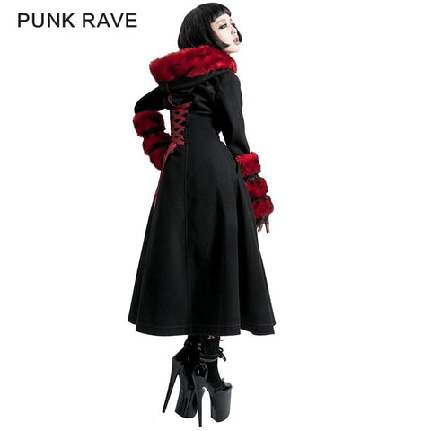Winter Woolen Long Black Gothic Coat For Women Two Wear Imitation Fur Coat