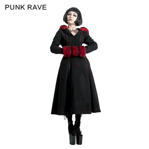 Winter Woolen Long Black Gothic Coat For Women Two Wear Imitation Fur Coat