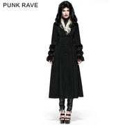 Winter Woolen Long Black Gothic Coat For Women Two Wear Imitation Fur Coat