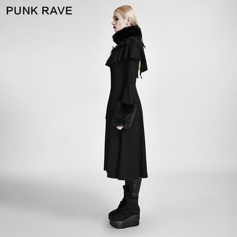 Lolita Style Long Shawl Woolen Gothic Coat With Imitation Fur Collar