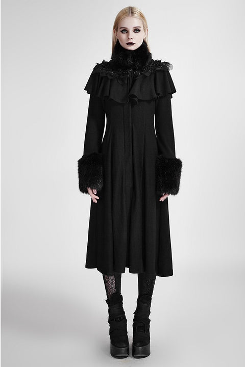 Lolita Style Long Shawl Woolen Gothic Coat With Imitation Fur Collar