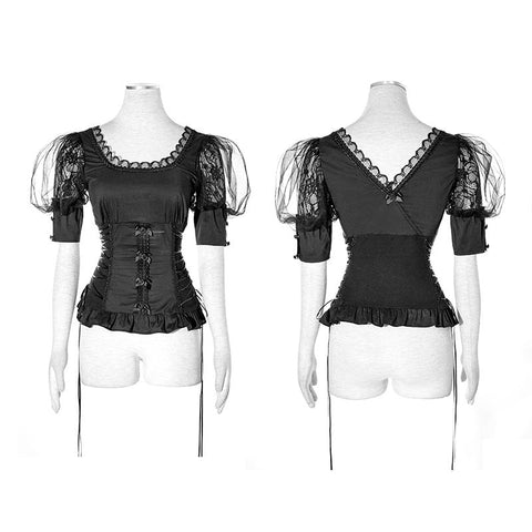 Black Elastic Pastoral Style Gothic Shirts Lace Lolita Blouse