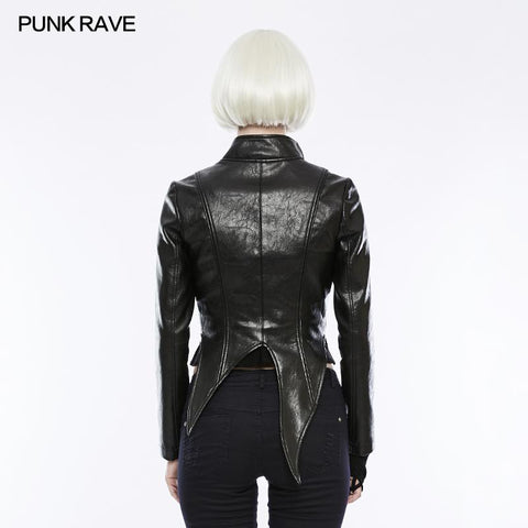 Irregular Shaped Bright Leather Punk Jacket With Stand Collar