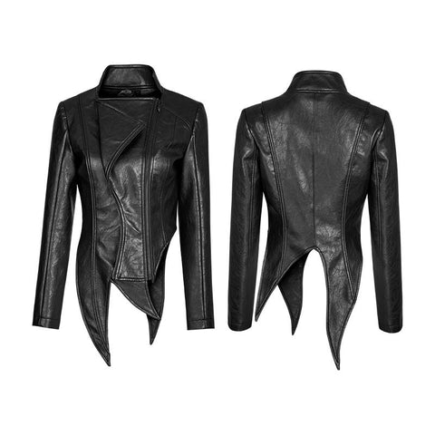 Irregular Shaped Bright Leather Punk Jacket With Stand Collar