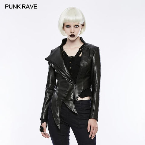 Irregular Shaped Bright Leather Punk Jacket With Stand Collar