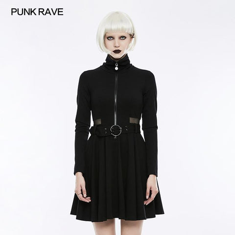 Handsome Knitted Punk Dress With Mesh Spliced Design